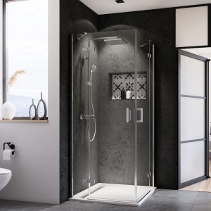 Breuer Eckeinstieg Panorama mit Drehtür, Chrom und Klarglas, 90x90 cm. Elegante Eckdusche für moderne Bäder.