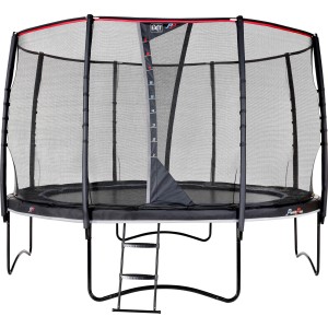 Schwarzes EXIT PeakPro Trampolin Ø 366 cm mit Sicherheitsnetz und Leiter für den Garten.
