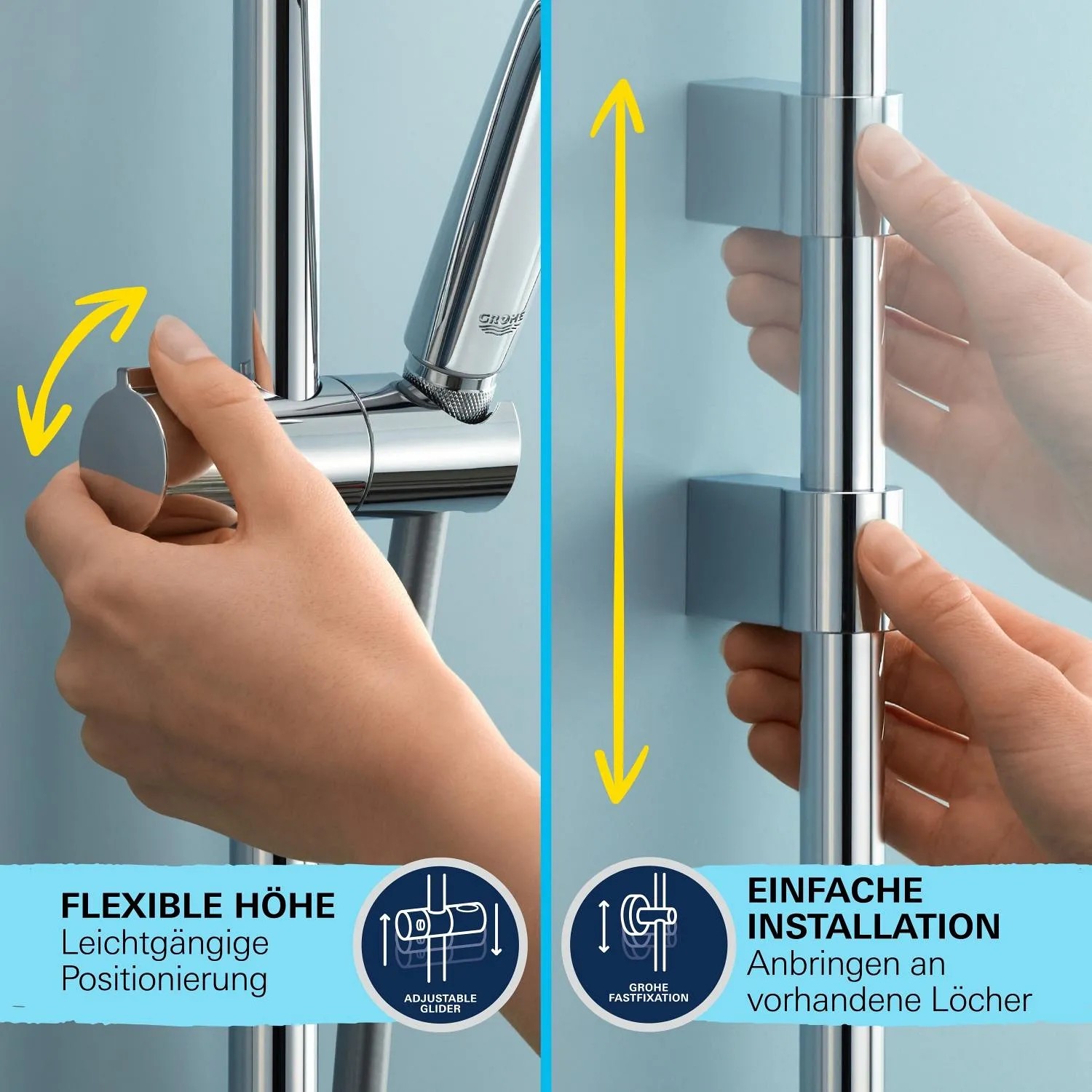 Grohe Vitalio Comfort Brausegarnitur: Höhenverstellung und einfache Montage der Duschstange.