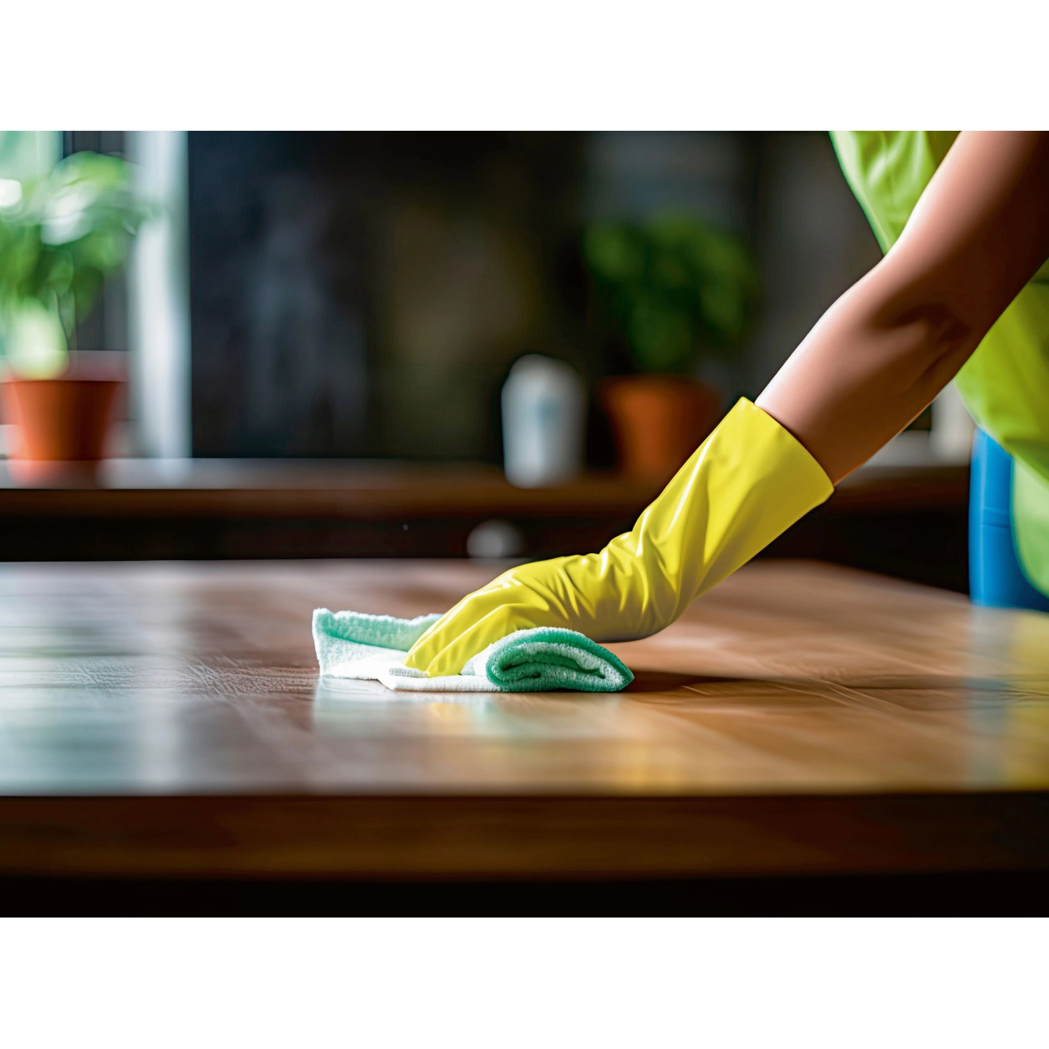 Gelbe Mehrweghandschuhe Größe S beim Reinigen einer Oberfläche. Haushaltshandschuhe schützen die Hände.