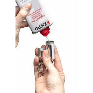 Zippo Feuerzeugbenzin wird in ein Feuerzeug gefüllt. Haushaltshelfer für Zippo Feuerzeuge.