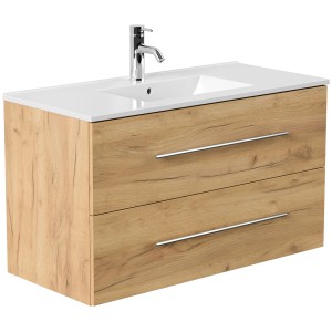 Posseik Badmöbel Homeline 100 in Eiche Gold mit Waschbecken und zwei Schubladen.