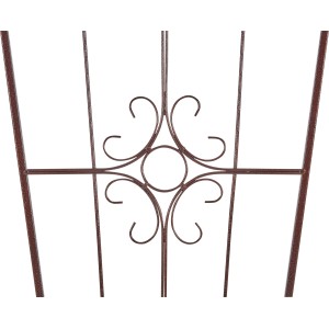Detailansicht: Bronze-farbenes Eisen Spalier mit filigranem Muster für Kletterpflanzen.