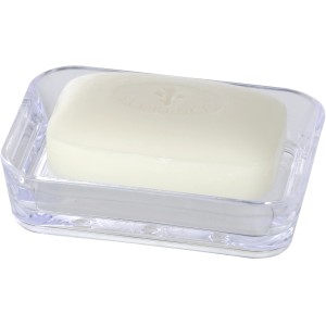 Transparente Wenko Seifenablage Candy mit Seife, Kunststoffablage für Handseife.