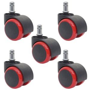 5er Set Hartbodenrollen H86 für Bürostühle, rot/schwarz, Doppelrollen mit Stift
