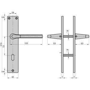 Technische Zeichnung: Basi Langschild Garnitur ZB 4100 Alu F1, eckig, Buntbart-Lochung mit Maßen.
