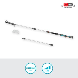 Gardena Akku-Teleskop-Baumschere HighCut 360/18V Set mit teilbarem Gestänge und Akku.
