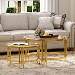 okwish Couchtisch mit Glasplatte Metallgestell Wohnzimmer 80x 80x 45cm Gold