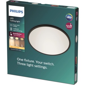 Verpackung der schwarzen Philips LED-Deckenleuchte Superslim SceneSwitch mit drei Helligkeitsstufen.