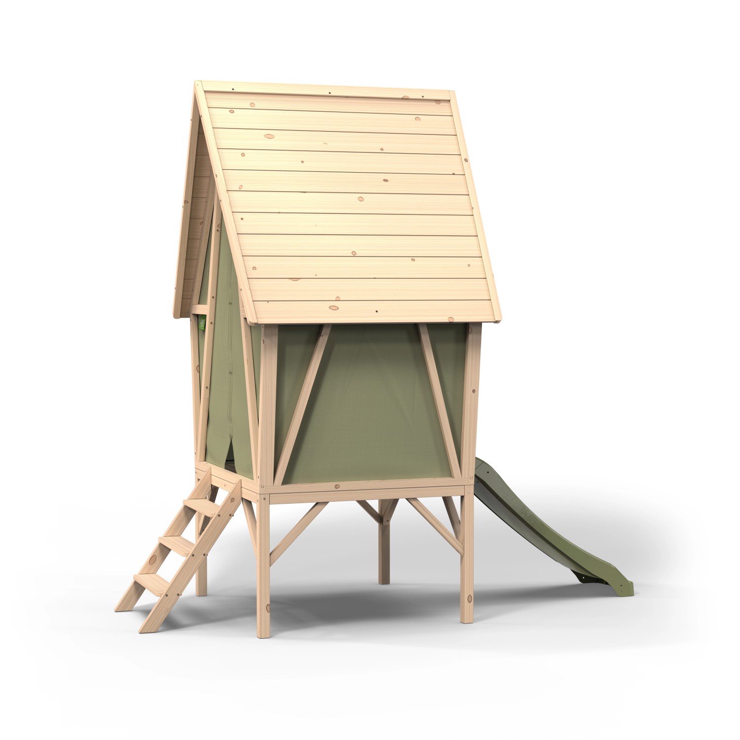 Exit Spielhaus Yuki 300 mit Rutsche: Holzspielhaus auf Stelzen mit grüner Plane und Rutsche.