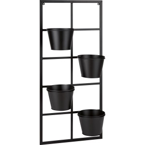 Schwarzes Hängeblumen-Gestell mit 4 Übertöpfen für Wandmontage, Gartendekoration.