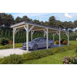 Holzbrüder Einzelcarport Ralf Natur mit dunkelgrauem Blechdach und Auto.