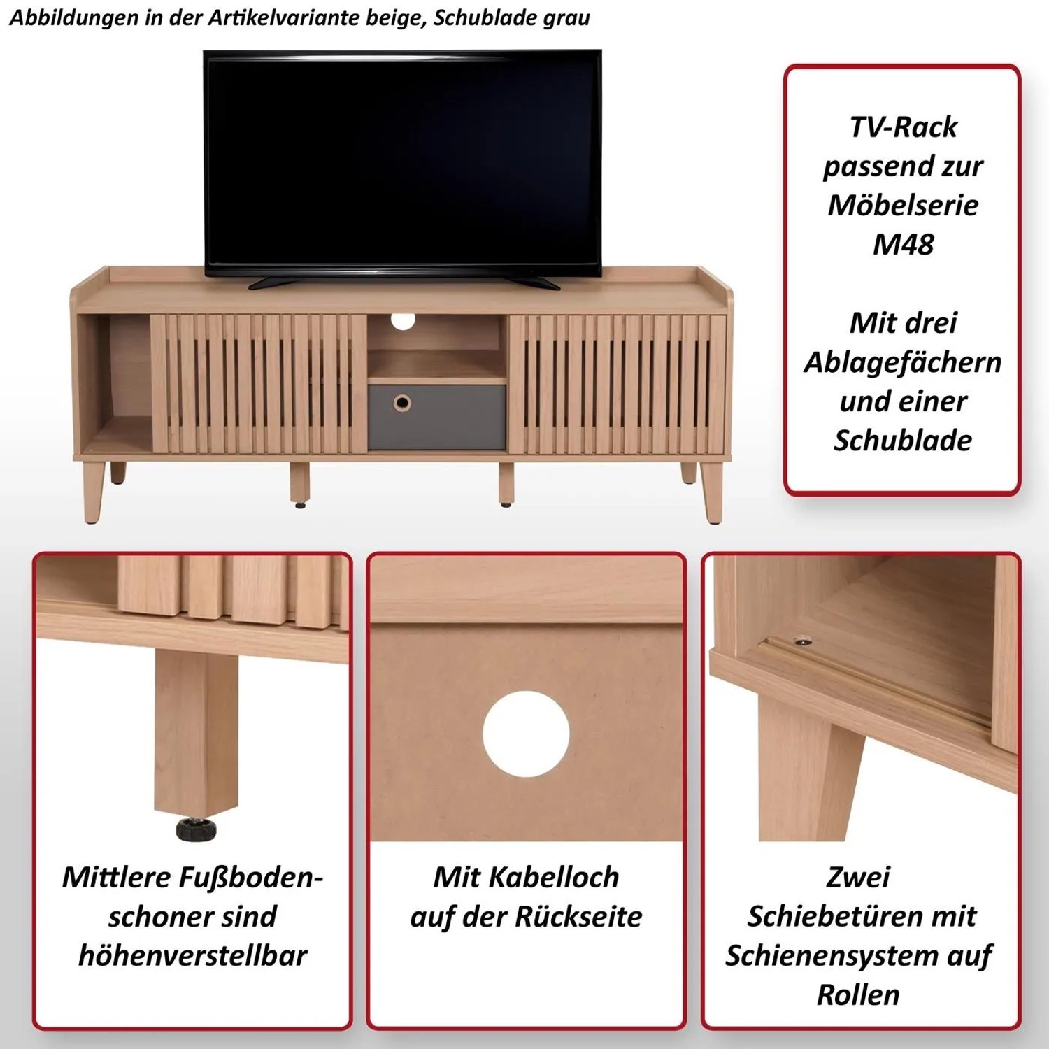 Beiges MCW TV-Rack M48 mit grauer Schublade, zwei Schiebetüren, 3 Fächern, Kabelloch und verstellbaren Füßen.