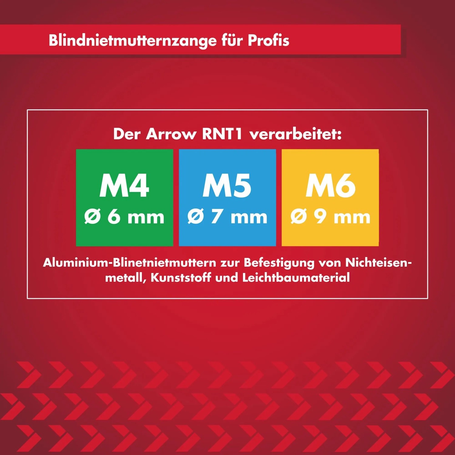 Arrow Nietmutternzange RNT1 Set: Nietmuttern M4, M5, M6 und Bohrer für Holz, Kunststoff, Blech im Koffer.
