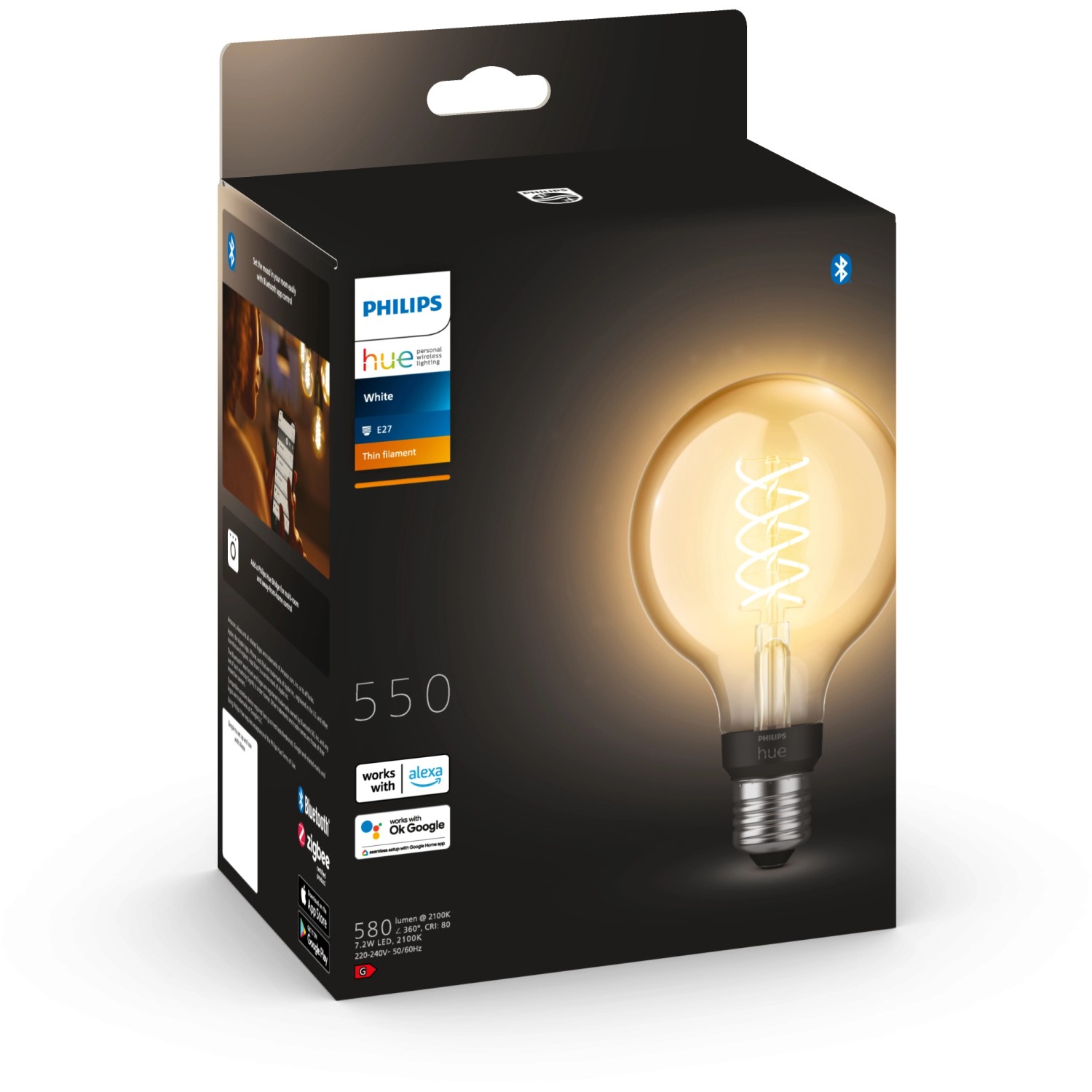 Philips Hue Filament Leuchtmittel E27 G93 im Einzelpack, warmweißes Licht im Vintage-Look.
