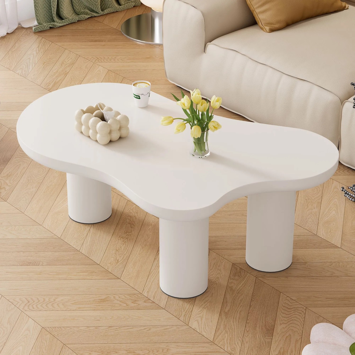 okwish Couchtisch mit Wolkenform Design Wohnzimmer 107x66x40cm Weiß_3