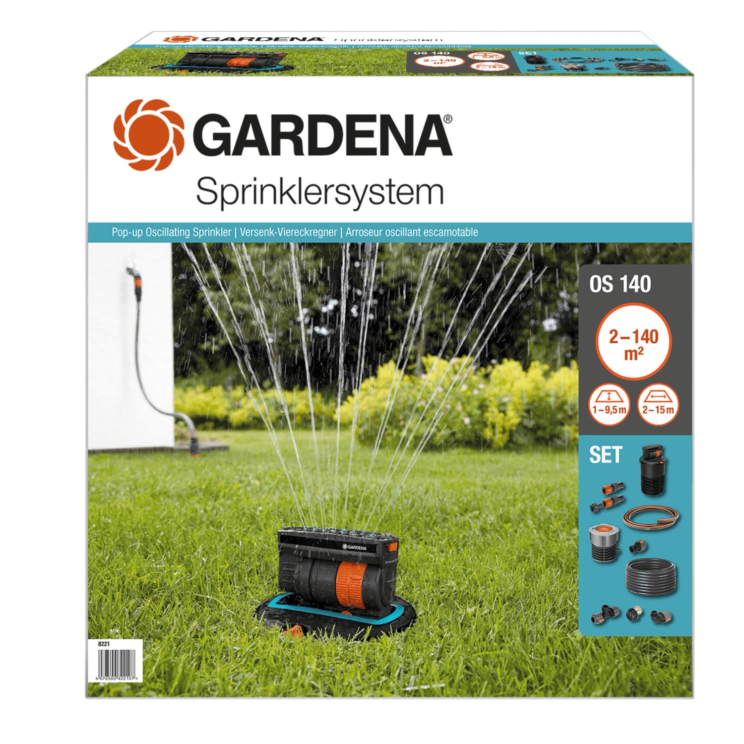 Gardena KomplettSet mit ViereckVersenkregner OS 140 für Flächen bis