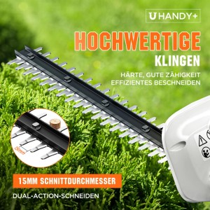 Detailaufnahme der Klingen einer Litheli Akku-Heckenschere mit 15mm Schnittdurchmesser.