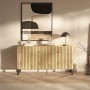 Selsey Sideboard Telire in Artisan Eiche mit Lamellenfront, 3 Türen & 3 Schubladen. Modernes Design auf schwarzen Metallfüßen.
