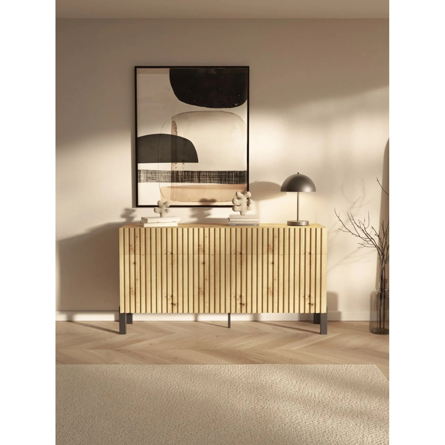 Selsey Sideboard Telire in Artisan Eiche mit Lamellenfront, 3 Türen & 3 Schubladen. Modernes Design auf schwarzen Metallfüßen.