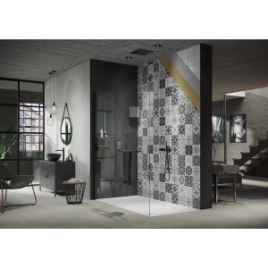 Hüppe EasyStyle Wandverkleidung Barcelona Tiles, 100x225 cm, weiß-schwarz im modernen Badezimmer.