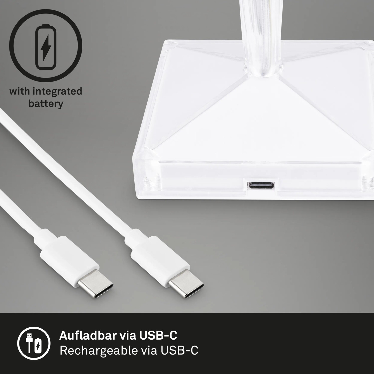 Detailaufnahme: Brilo Akku-Tischleuchte Kristalloptik mit USB-C Ladekabel.