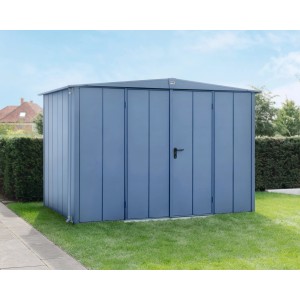 Ecostar Gerätehaus Elegant, Taubenblau, mit Doppeltür und Satteldach.