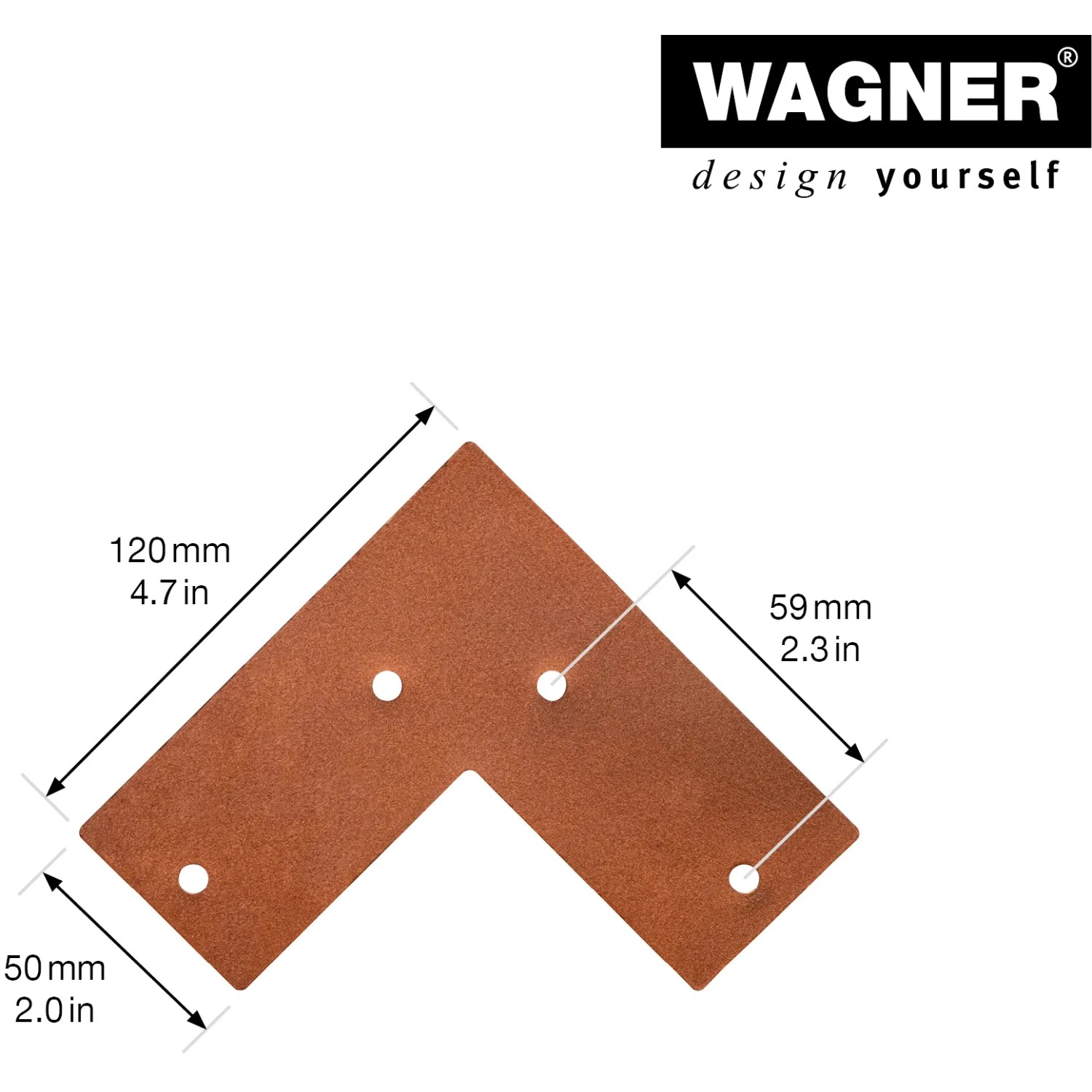 Wagner Möbelbein Hairpin, 200 mm, Pearl Brass, L-förmig mit Bohrlöchern und Maßangaben.