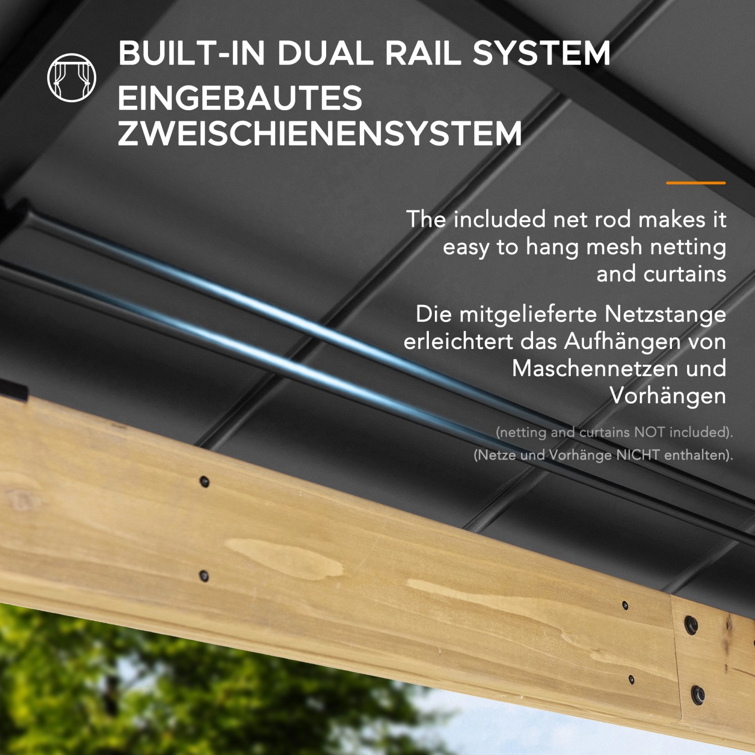 Detailaufnahme: Integriertes Schienensystem für Vorhänge/Netze am Sunjoy Gazebo Zedernholz Pavillon.