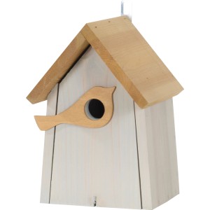 Hellgrau-brauner Nistkasten mit Vogelfigur am Einflugloch, geeignet für kleine Gartenvögel.
