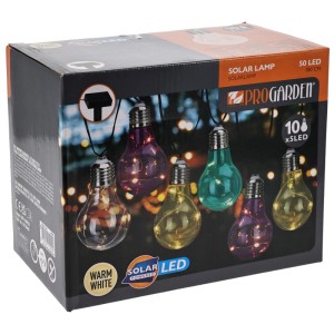 Verpackung der Solar-Lichterkette mit 10 bunten LED-Glühbirnen. Dekorative Innen- und Außenbeleuchtung.