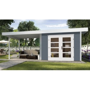Graues Weka Gartenhaus Savona Gr. 2 mit Anbau und Doppeltür mit Glaseinsätzen.