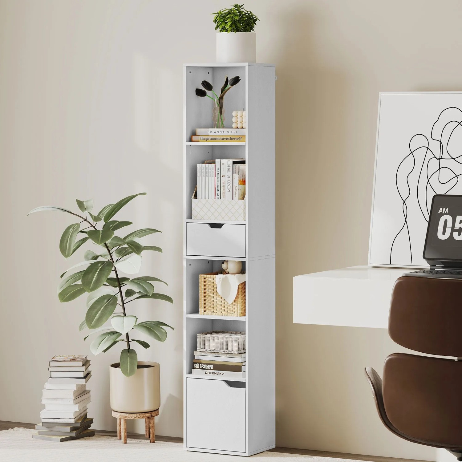 Schmales weißes HOMCOM Bücherregal mit offenen Fächern, einer Schublade und einem Schrank für Aufbewahrung.