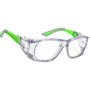 Varionet Safety Multidistanz-Schutzbrille +1,5 Dioptrien mit transparentem Rahmen und grünen Bügeln.