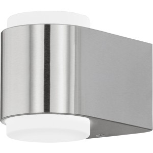 Moderne Eglo LED-Außenwandleuchte Briones aus Edelstahl und weißem Kunststoff.