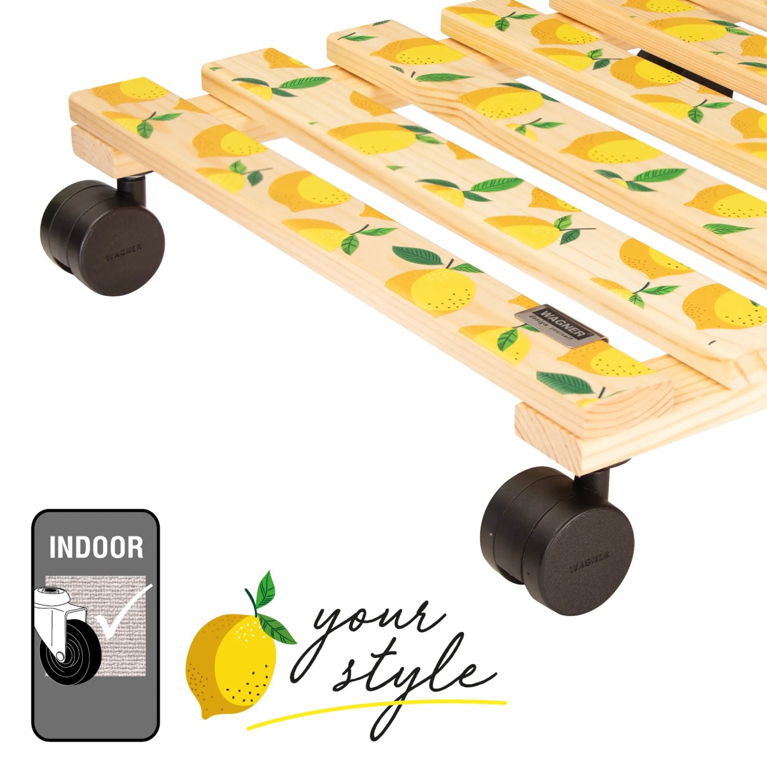 Wagner Multi Roller mit Zitronenmuster, Rolluntersetzer aus Holz mit schwarzen Rollen, max. 100 kg Tragkraft.