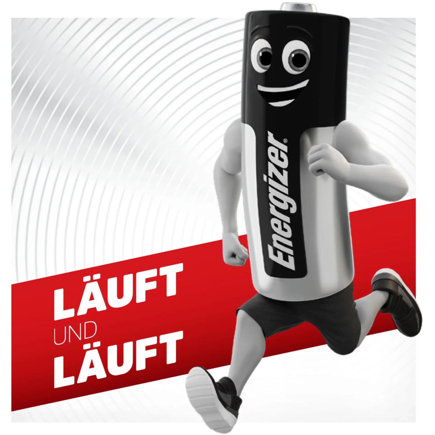 Energizer CR 2025 Lithium Knopfzelle, 4er-Pack, als Comicfigur beim Laufen dargestellt.