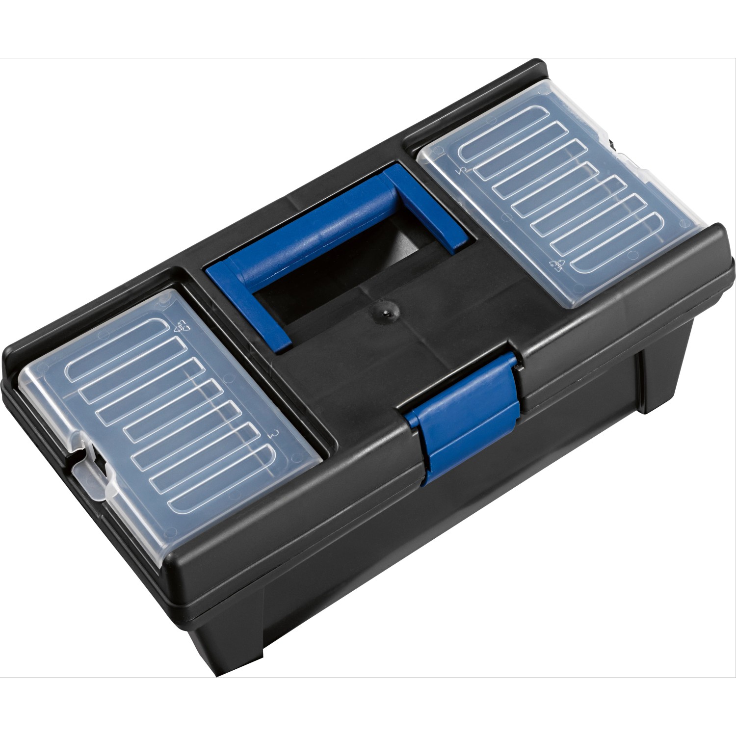 Schwarzer LUX Werkzeugkoffer mit blauem Griff und transparenten Organizer-Fächern im Deckel.