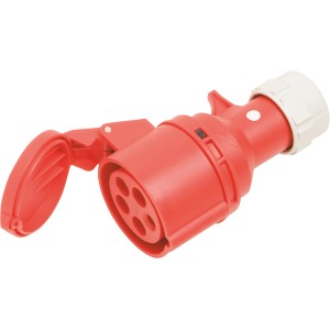 Rote PCE CEE Kupplung, 5-polig, 16A, IP44 für Elektroverbindungen im Außenbereich.
