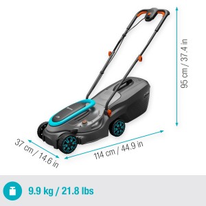 Gardena Akku-Rasenmäher PowerMax 32/18V Solo, kompakter Rasenmäher mit blau-grauem Gehäuse und Fangkorb.