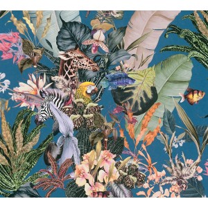 Vliestapete mit Blumen, Tieren (Giraffe, Zebra, Papagei) auf blauem Grund.