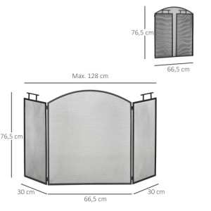 Schwarzes HOMCOM Kaminschutzgitter aus Eisengitter, dreiteilig, klappbar, 128x76,5 cm. Funkenschutz für Kamine.