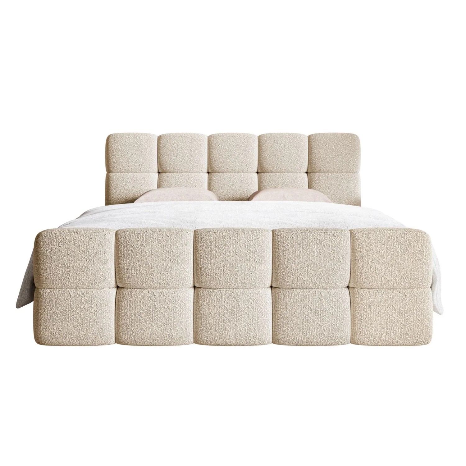 Selsey Boxspringbett Cloudy 140 cm in Hellbeige. Modernes Bett mit weichem Boucle-Bezug und gestepptem Kopfteil.