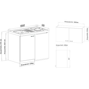 Skizze der Respekta Miniküche MK100WOS in Weiß mit Maßen für Unter- und Oberschrank.