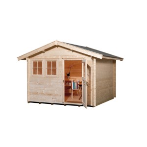 Unbehandeltes Weka Holz-Gartenhaus mit Satteldach, 380x284 cm. Naturholz mit geöffneter Doppeltür und Fenster.