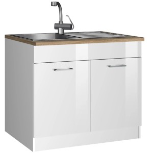 Held Möbel Spülenunterschrank Mailand, 100 cm, Hochglanz Weiß mit Spüle und Armatur.