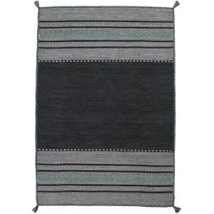 Grauer Teppich Morena, 80x150 cm, handgewebt mit Ethno-Muster und Fransen.