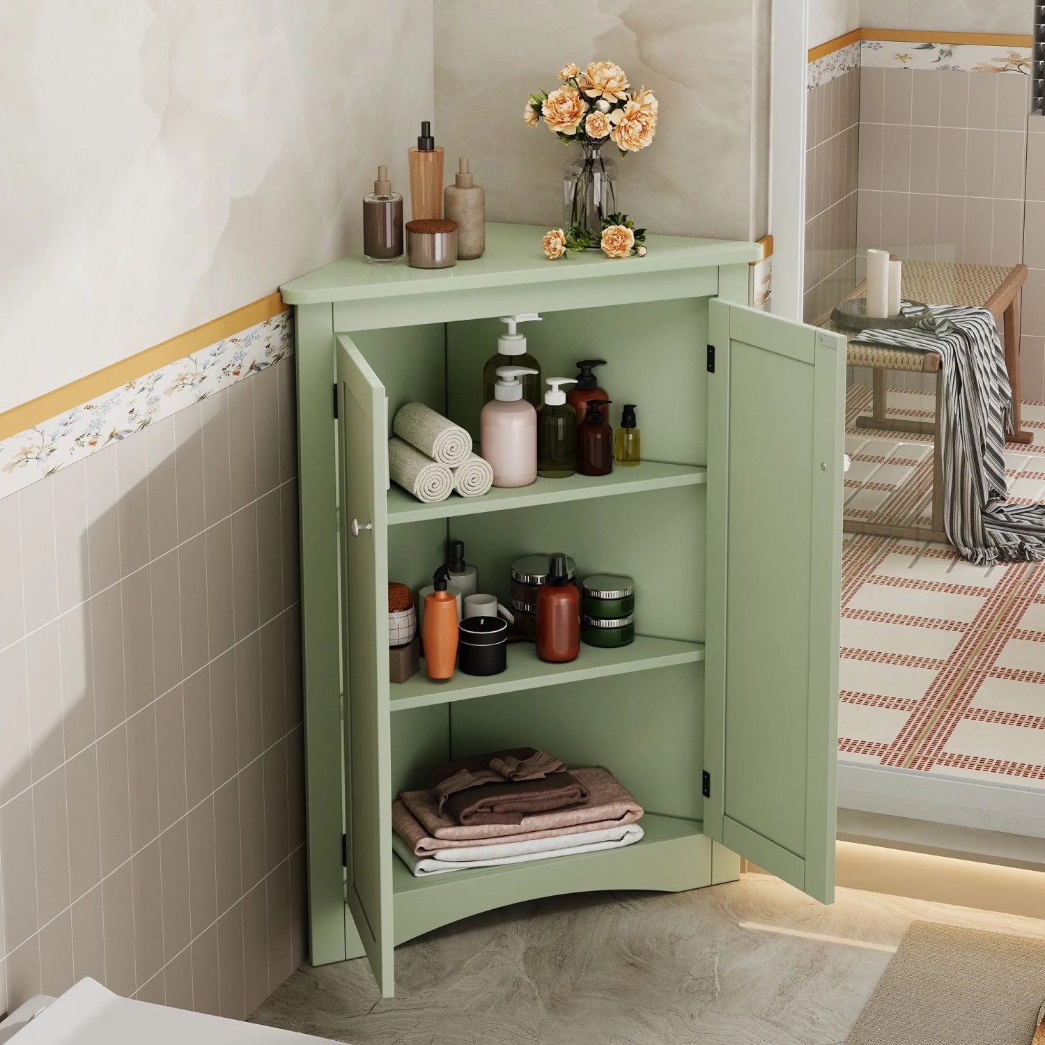 okwish Eckschrank mit 2 Türen 3 Ebenen Lackoberfläche Dreiecksschrank 61.5x80cm Grün_3
