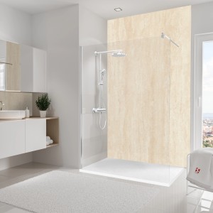 Schulte Duschrückwand Softtouch DecoDesign Kalkstein-Beige, 255x150cm im Badezimmer.