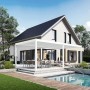 Weißer Weide Deluxe Alu Pavillon mit elektrischem Lamellendach über Terrasse am Haus & Pool.